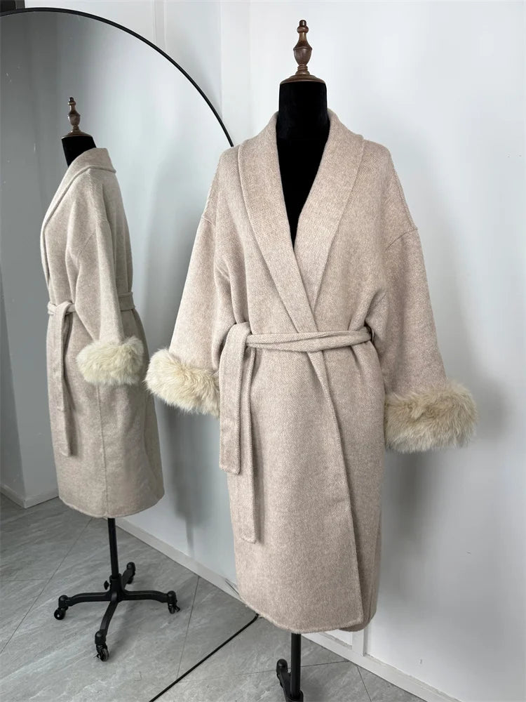 Tossy Fox Fur Wool Overcoat Women's Short Coat Office Lady Elegant Double-sided Woolen Coat 2025 New Cardigan Jackets Loose Wool
