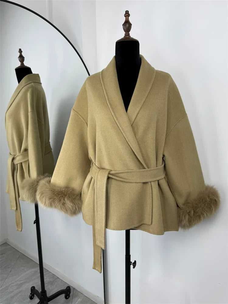 Tossy Fox Fur Wool Overcoat Women's Short Coat Office Lady Elegant Double-sided Woolen Coat 2025 New Cardigan Jackets Loose Wool