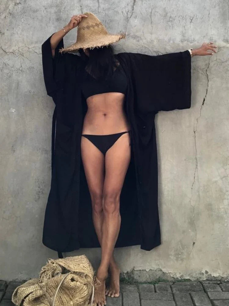Solid Beach Cover Up Women Self Belted Wrap Kimono Dress Swimsuit 2025 New Robe Summer Beachwear Factory Supply