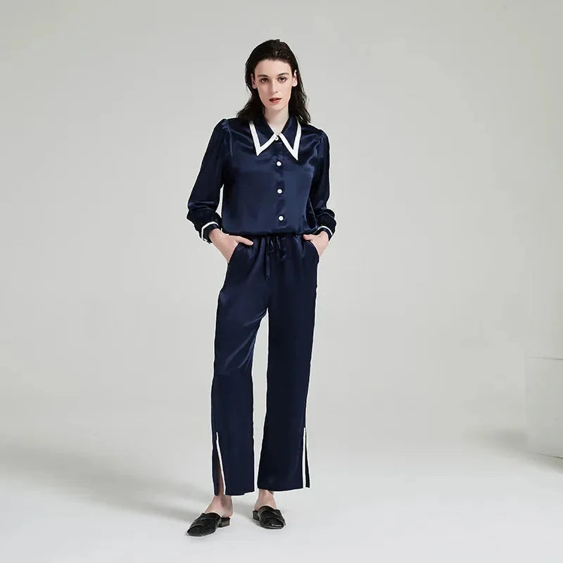 Contrast Silk Pajama Set Long-Sleeve Women's Sleepwear