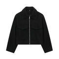 DUOPERI Women Fashion Winter Autumn Fleece Cropped Jacket Lapel Collar Long Sleeves Female Chic Lady Casual Short Outwear