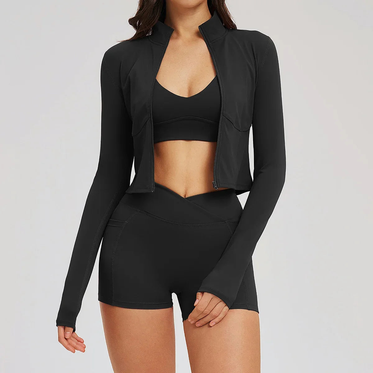 New 3 Pieces Yoga Set Women Workout Sportswear Gym Clothing Fitness Long Sleeve Crop Top Shorts Leggings Female Sport Bra Suits