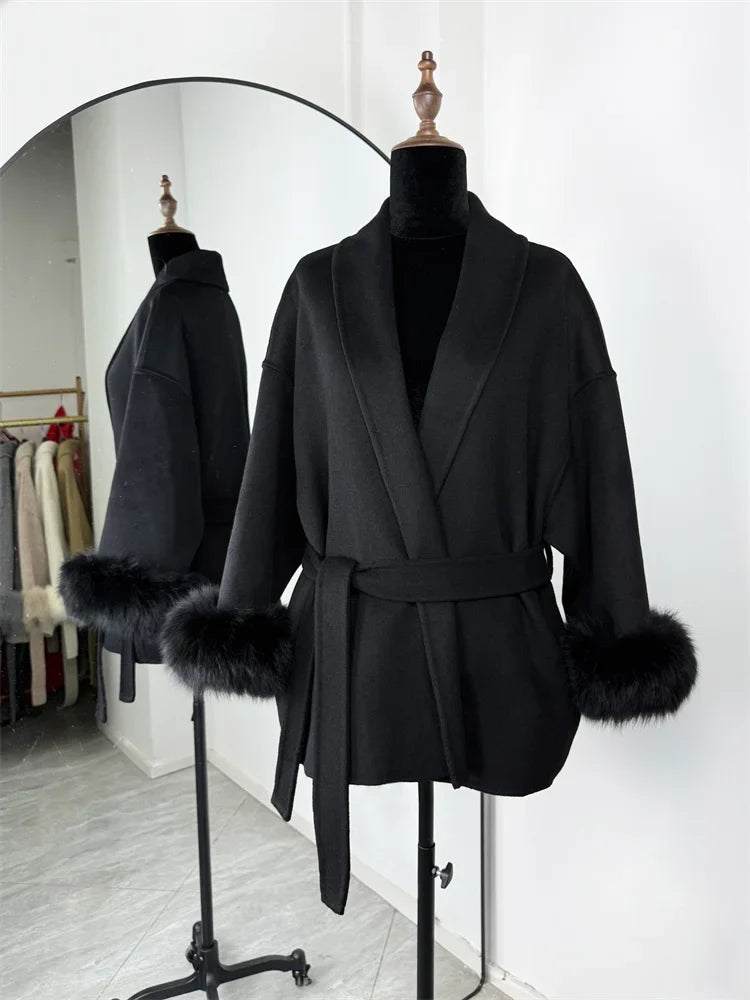 Tossy Fox Fur Wool Overcoat Women's Short Coat Office Lady Elegant Double-sided Woolen Coat 2025 New Cardigan Jackets Loose Wool