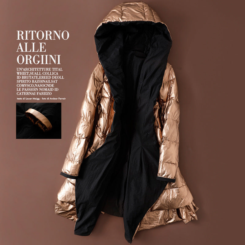 Glossy Reversible Down Jacket — Slim Irregular Hem