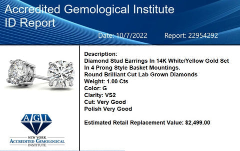 AGI Certified Lab Grown Diamond Stud Earrings in 14K Gold — 1 or 2 CTW