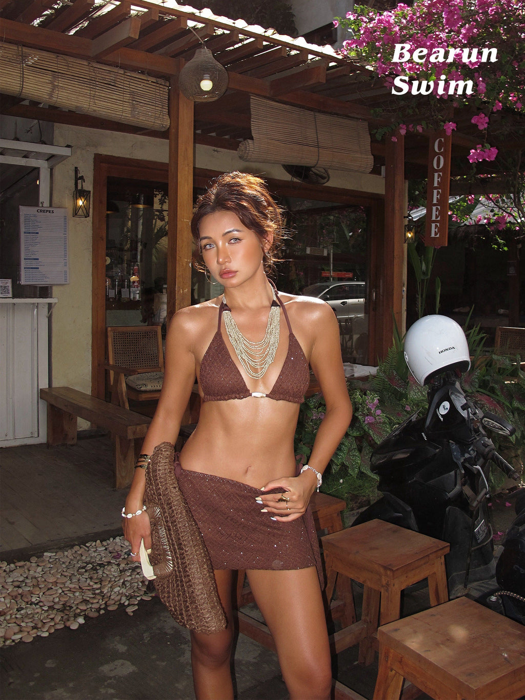 Coffee Brown Three-Piece Bikini Set with Skirt