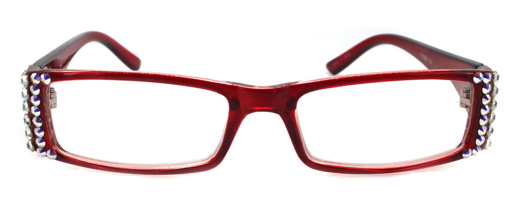 The French, (Bling) (Fleur De Lis) Women Reading Glasses W Genuine European Crystals (Aurora Borealis, Clear)  (Red) Frame, NY Fifth Avenue