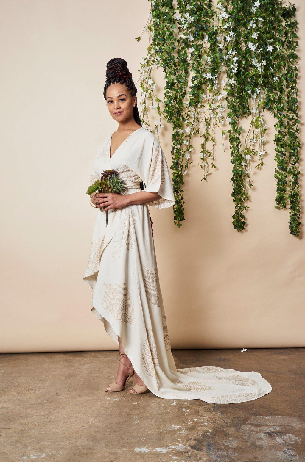 Peacock Feather Maxi Wrap Dress with Train — Cream & Gold
