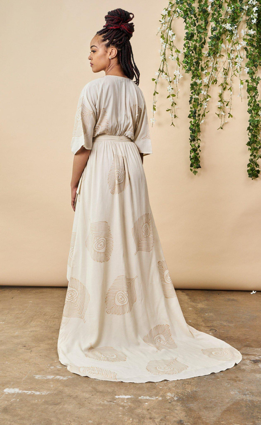 Peacock Feather Maxi Wrap Dress with Train — Cream & Gold