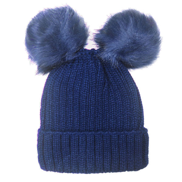 Women's Soft Knit Double Faux Fur Pom Beanie Hat