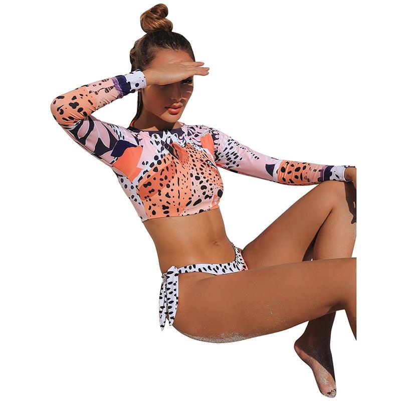 Long Sleeve Tiger Print Crop Top Bikini Set