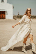 Peacock Feather Maxi Wrap Dress with Train — Cream & Gold