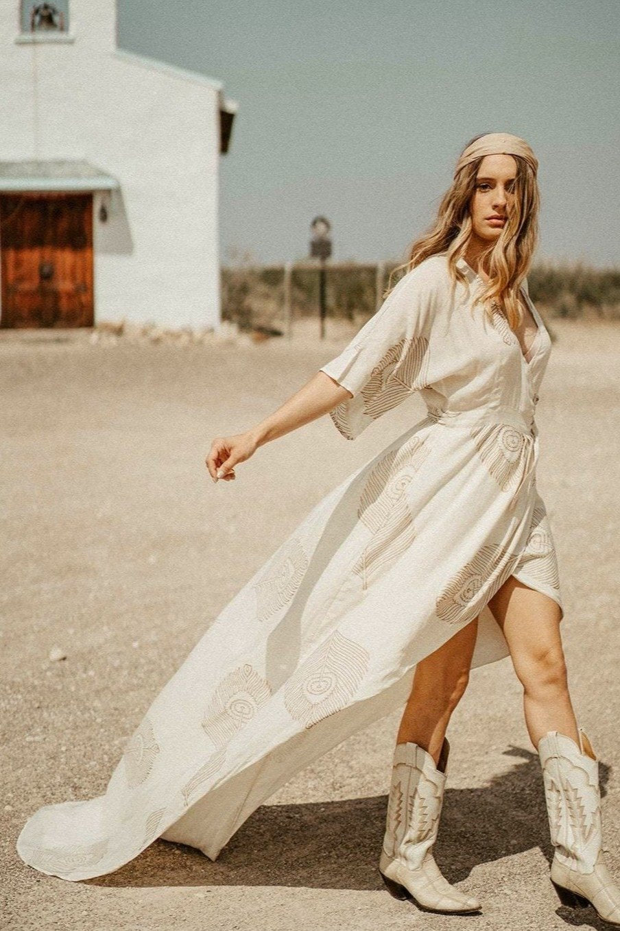 Peacock Feather Maxi Wrap Dress with Train — Cream & Gold