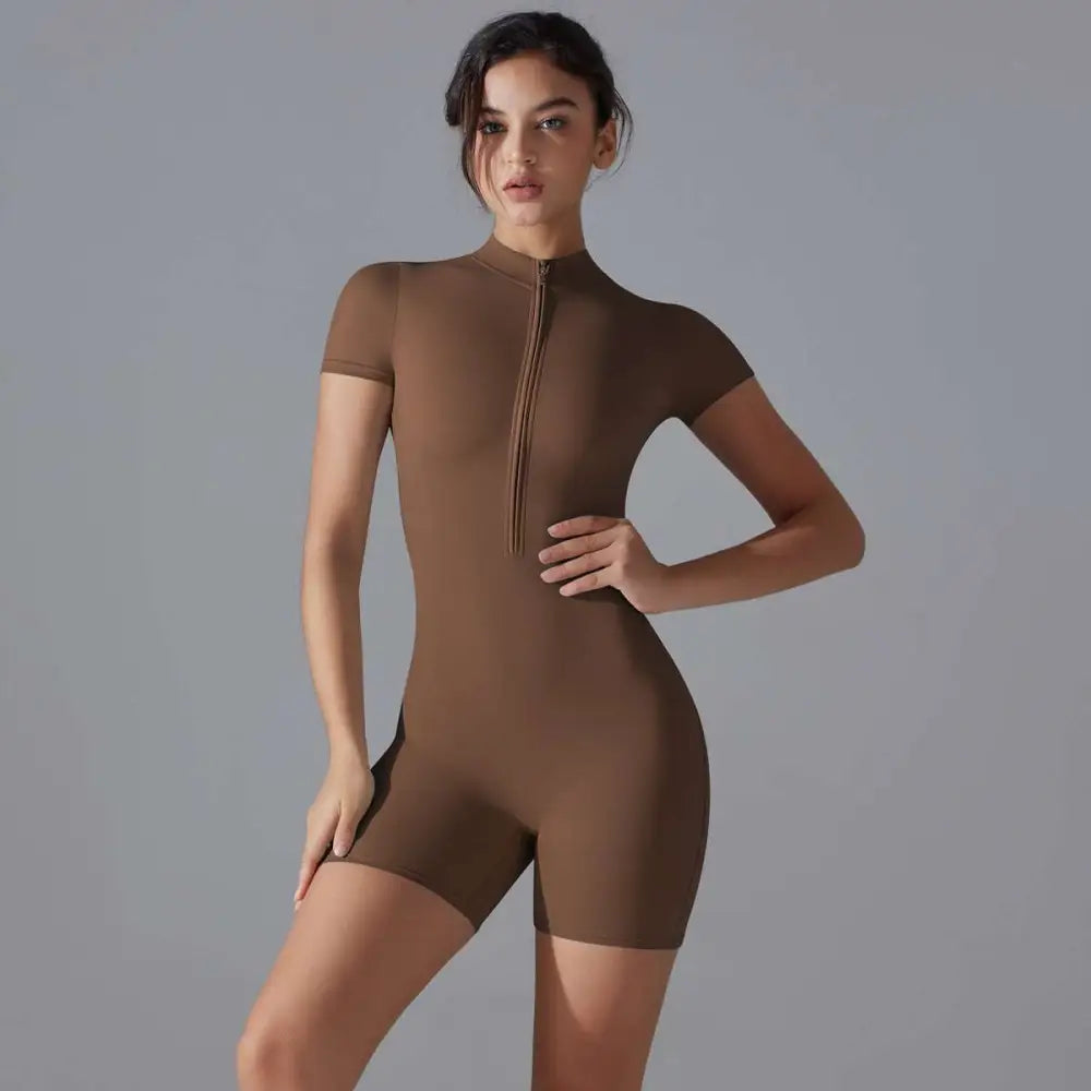 Women Summer Zipper Shorts Jumpsuit Yoga Bodysuit